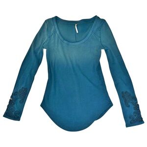 Free People Weathered Blue Long Sleeve Top with Lacey Embroidered Sleeves